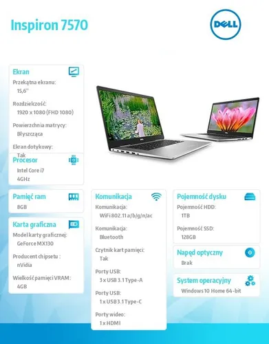 Laptop DELL Inspiron 7570 i7-8550U/8GB/1000GB HDD/128GB SSD/GeForce MX130/15.6''/W10  Srebrny najlepsza cena, opinie - sklep online Neonet