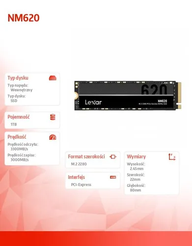 Dysk SSD LEXAR NM620 1TB NVMe M.2 2280 3300/3000MB/s