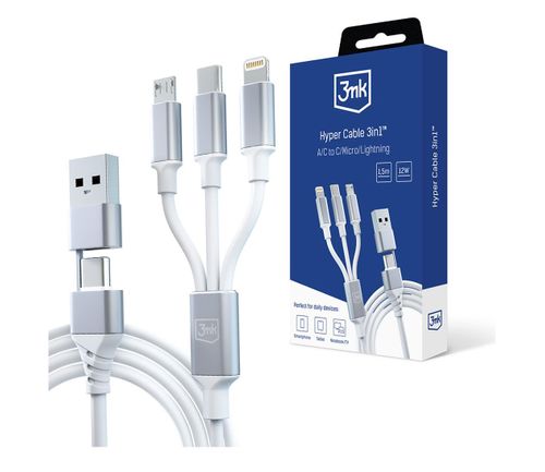 Kabel USB 3MK USB-A + USB-C - USB-C + microUSB + Lightning 1.5 m Biały (5903108541237)
