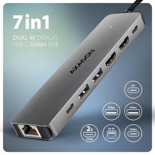 AXAGON HMC-7HX2 USB-C 5Gbps DUAL 4K DISPLAY 7in1 hub