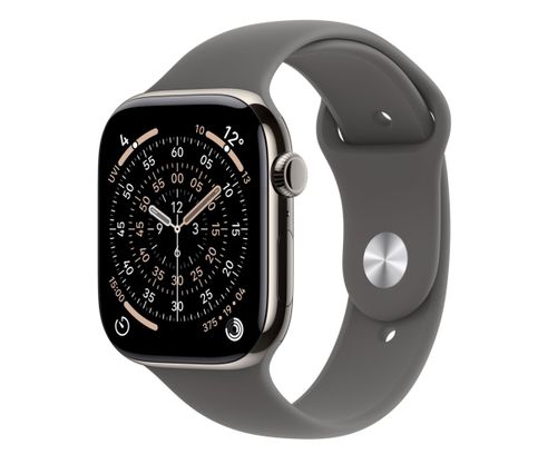 Apple Watch Series 11 GPS + Cellular, koperta 46 mm z tytanu w kolorze naturalnym, pasek sportowy w kolorze górskiej szarości - rozmiar M/L