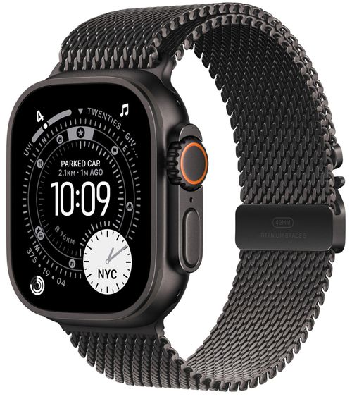 Apple Watch Ultra 3 GPS + Cellular, koperta 49 mm z tytanu w kolorze czarnym, bransoleta mediolańska z tytanu w kolorze czarnym - rozmiar M