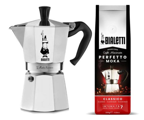 Bialetti Zestaw Moka Express 6tz + kawa Perfetto Moka Classico 250g